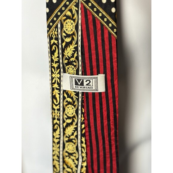 Rare Vintage V2 By VERSACE Silk Tie Black Red Gold Polka Dot Baroque Italy - Picture 3 of 6